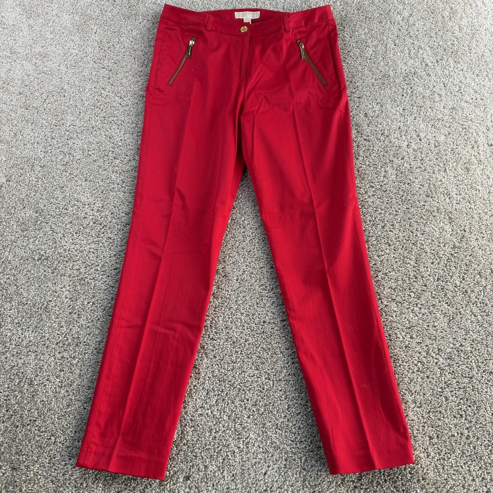 MICHAEL Michael Kors Dress Pants Womens 8 Red Twill Slim Zip Pockets Stretch